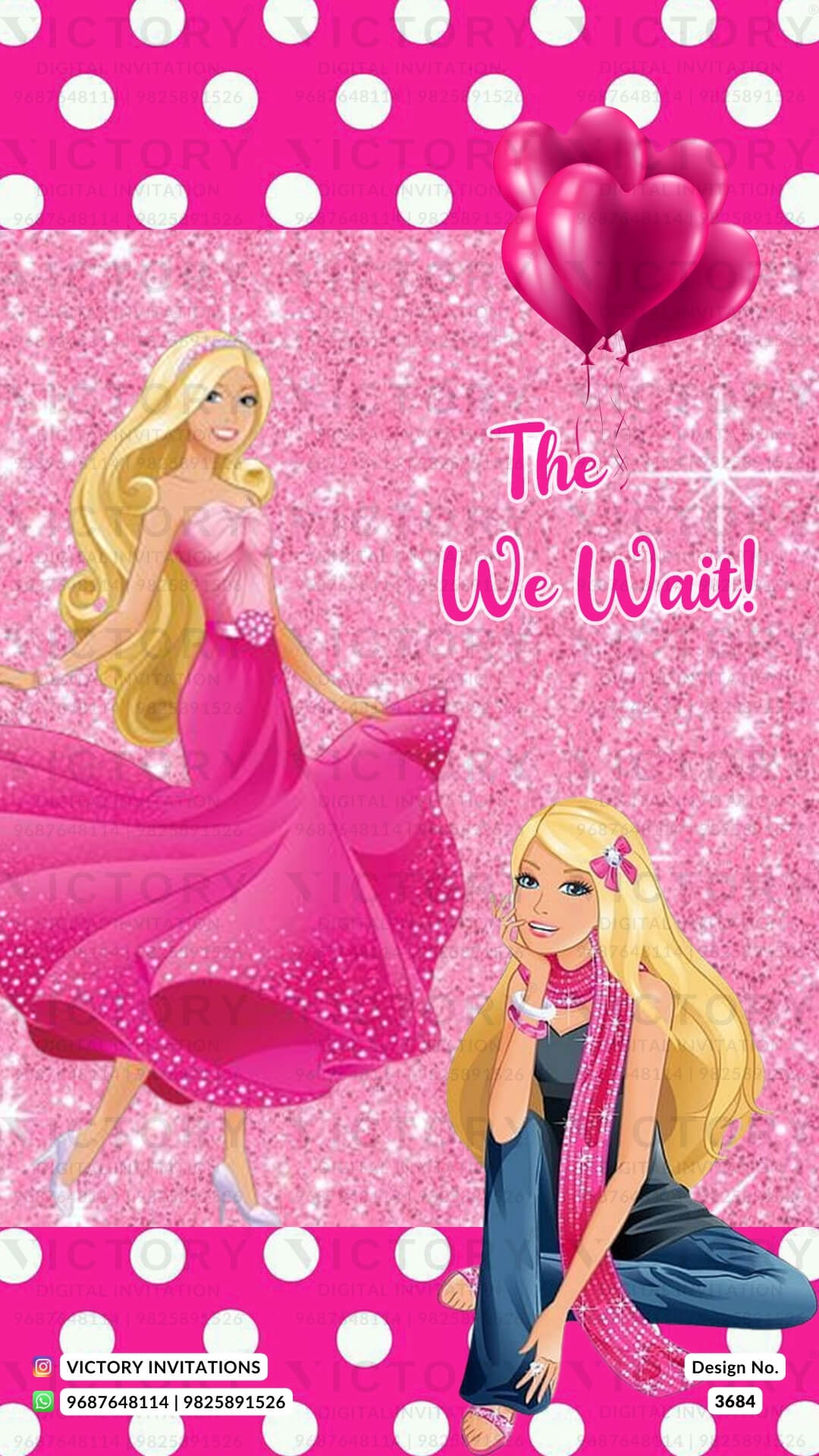 Birthday party invitation card for girl in English language with glittery barbie theme design 3684