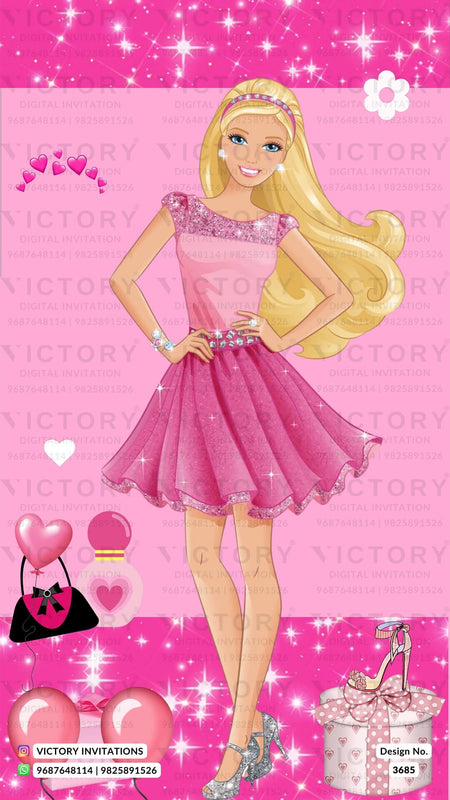 Birthday party invitation card for girl in English language with barbie theme design 3685