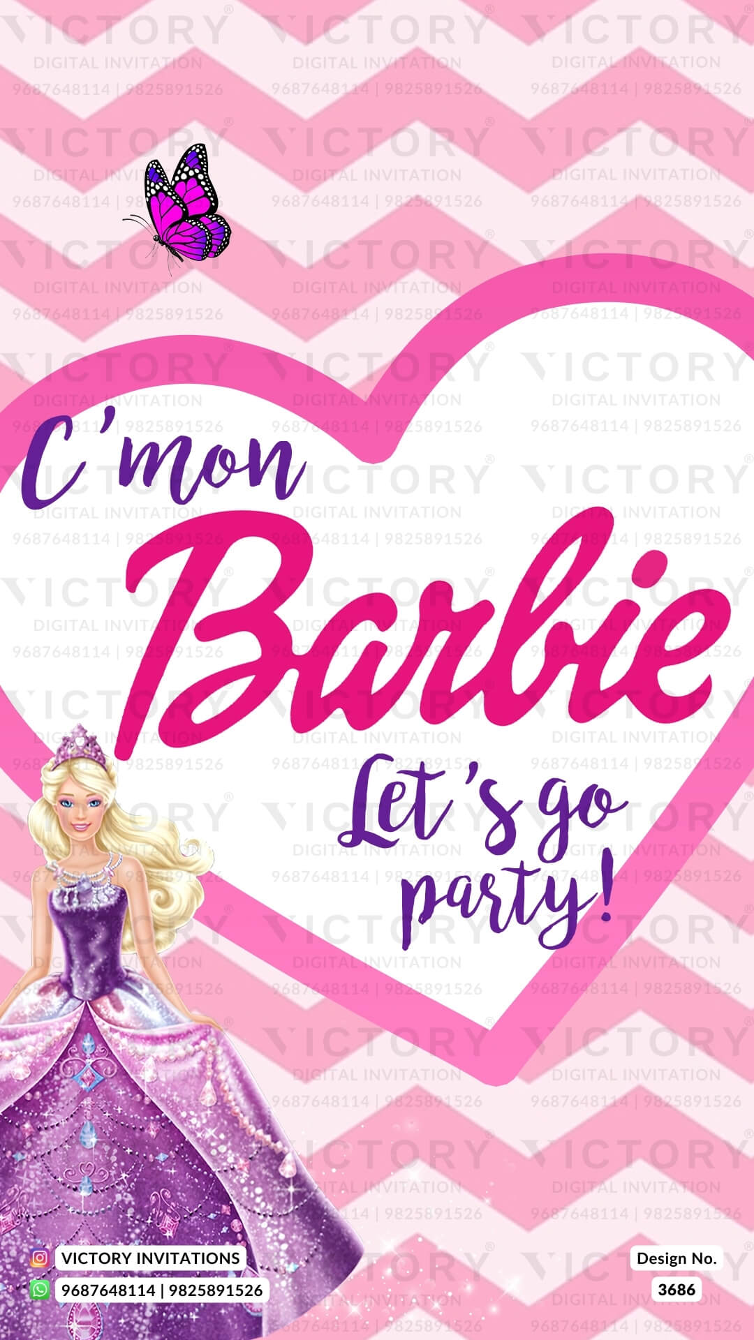 Birthday party invitation card for girl in english language with barbie theme design 3686