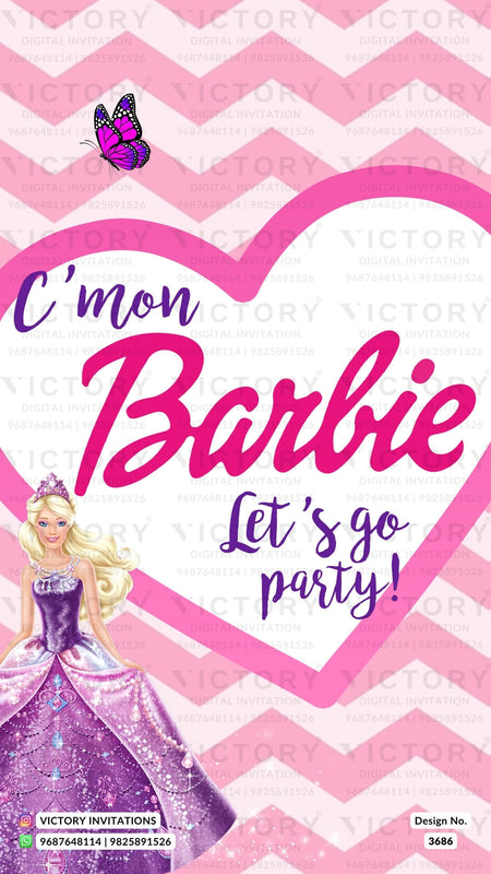 Birthday party invitation card for girl in english language with barbie theme design 3686