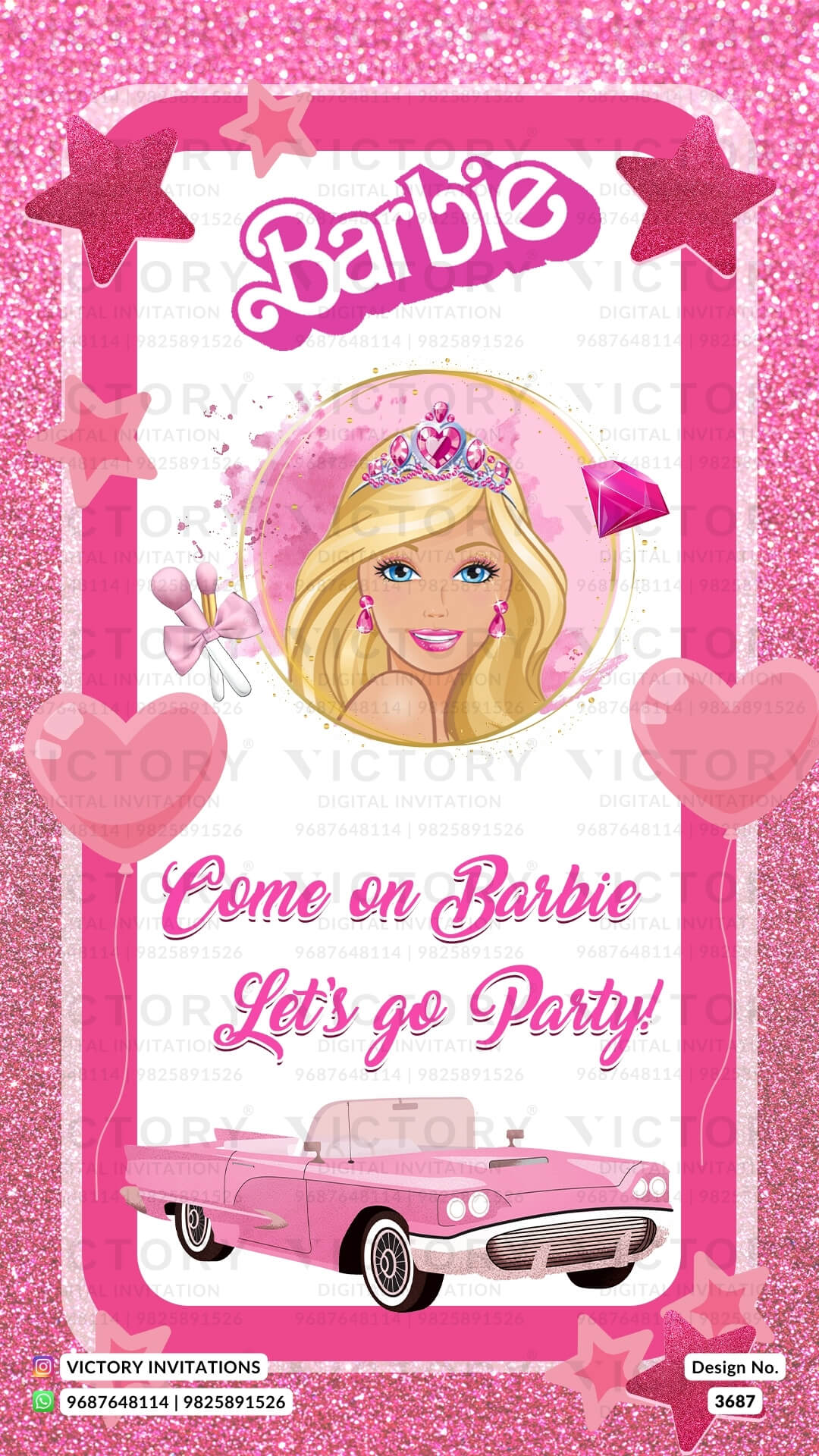 Birthday party invitation card for girl in English language with barbie theme design 3687