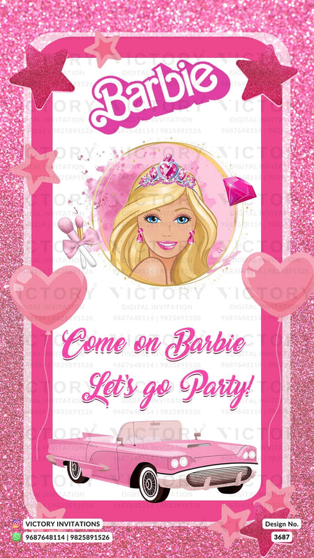 Birthday party invitation card for girl in English language with barbie theme design 3687