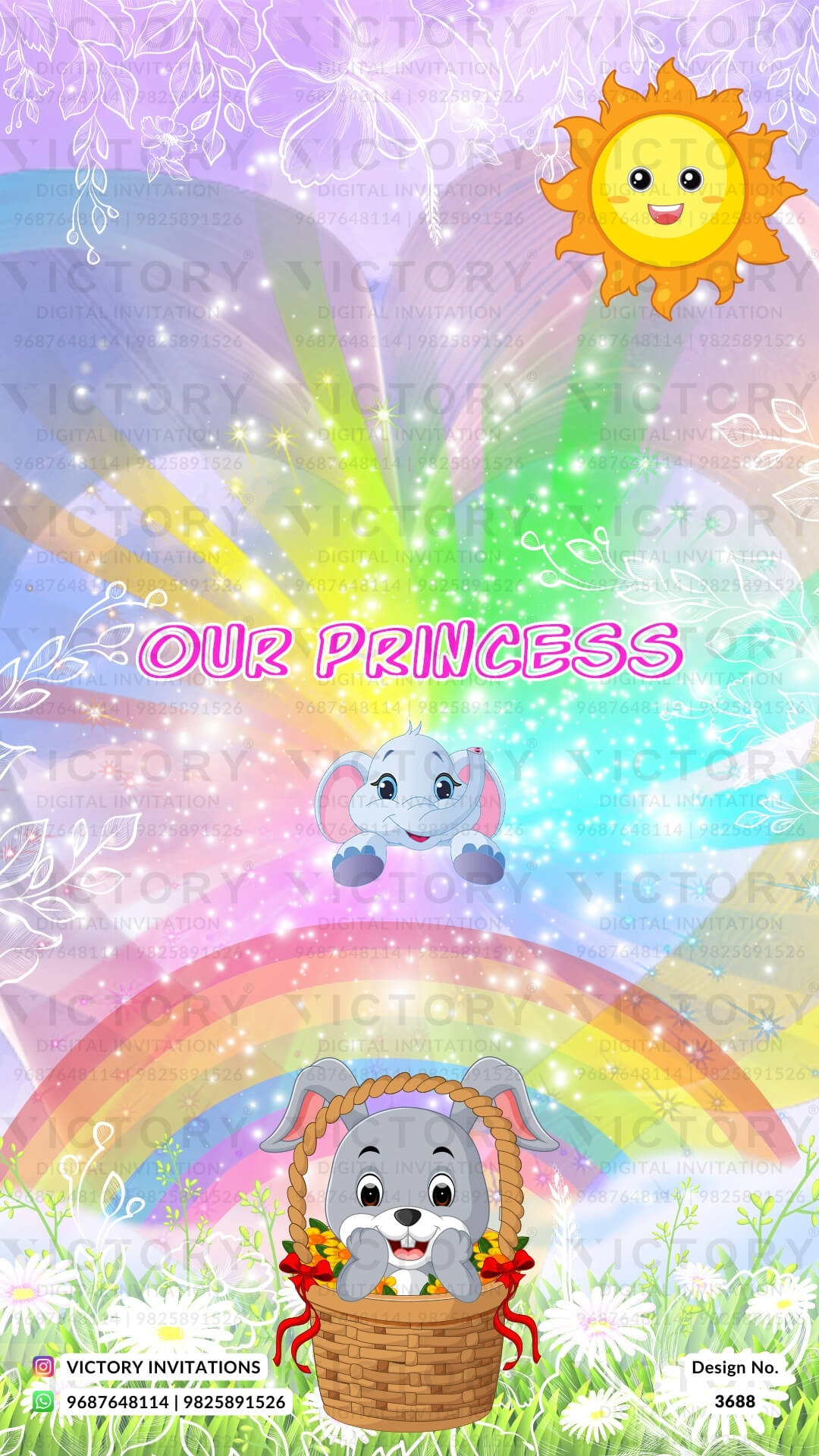 Birthday party invitation card in English language with ballons, teddy bear as rainbow theme design 3688