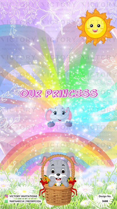 Birthday party invitation card in English language with ballons, teddy bear as rainbow theme design 3688