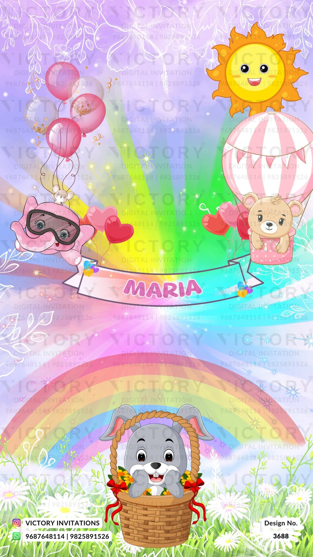 Birthday party invitation card in English language with ballons, teddy bear as rainbow theme design 3688