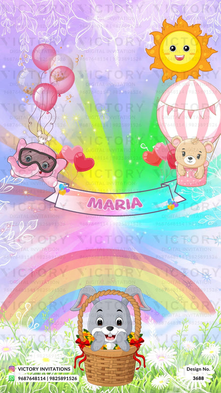 Birthday party invitation card in English language with ballons, teddy bear as rainbow theme design 3688