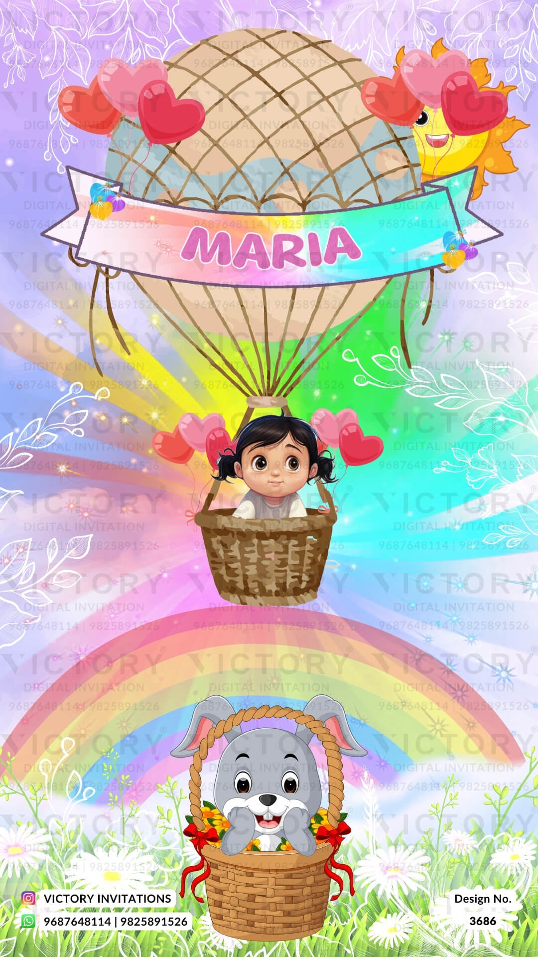 Birthday party invitation card in English language with ballons, teddy bear as rainbow theme design 3688