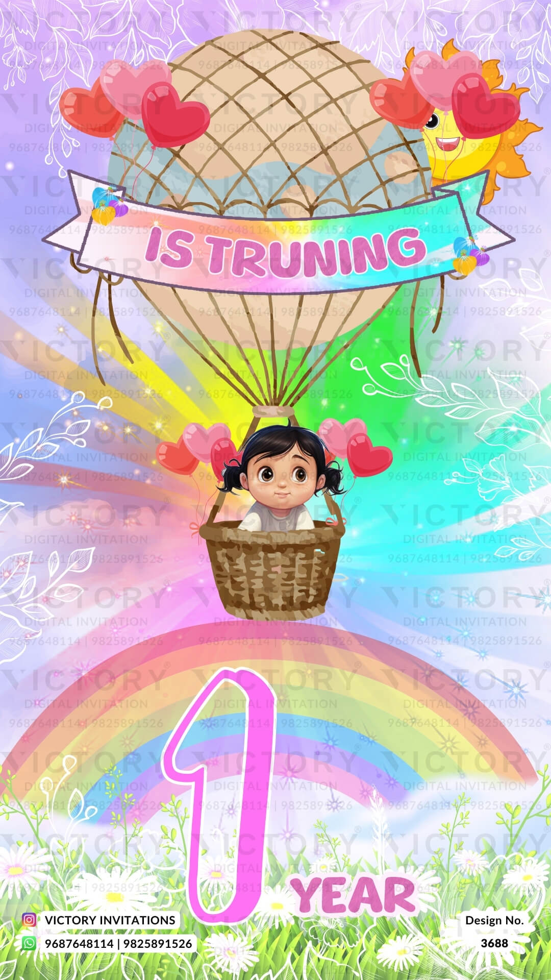 Birthday party invitation card in English language with ballons, teddy bear as rainbow theme design 3688