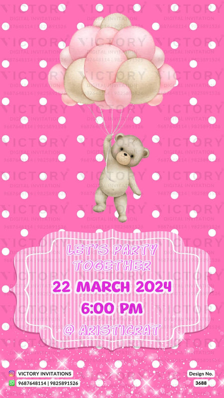 Birthday party invitation card in English language with ballons, teddy bear as rainbow theme design 3688