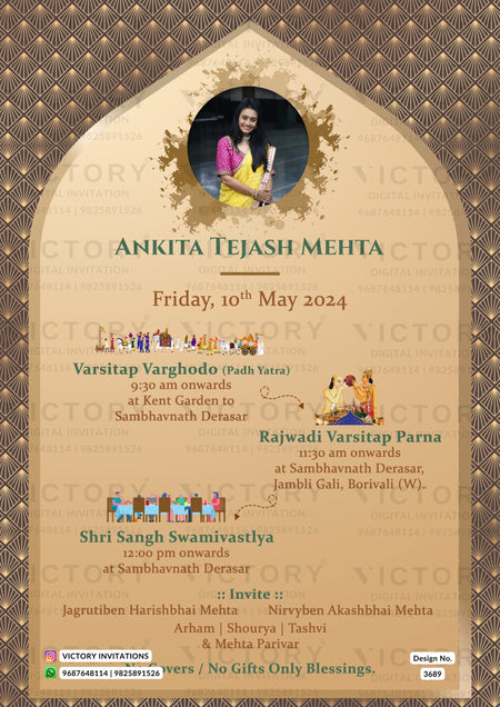 Varshitap parna invitation card for jain family in english language with doodle as arch theme design 3689
