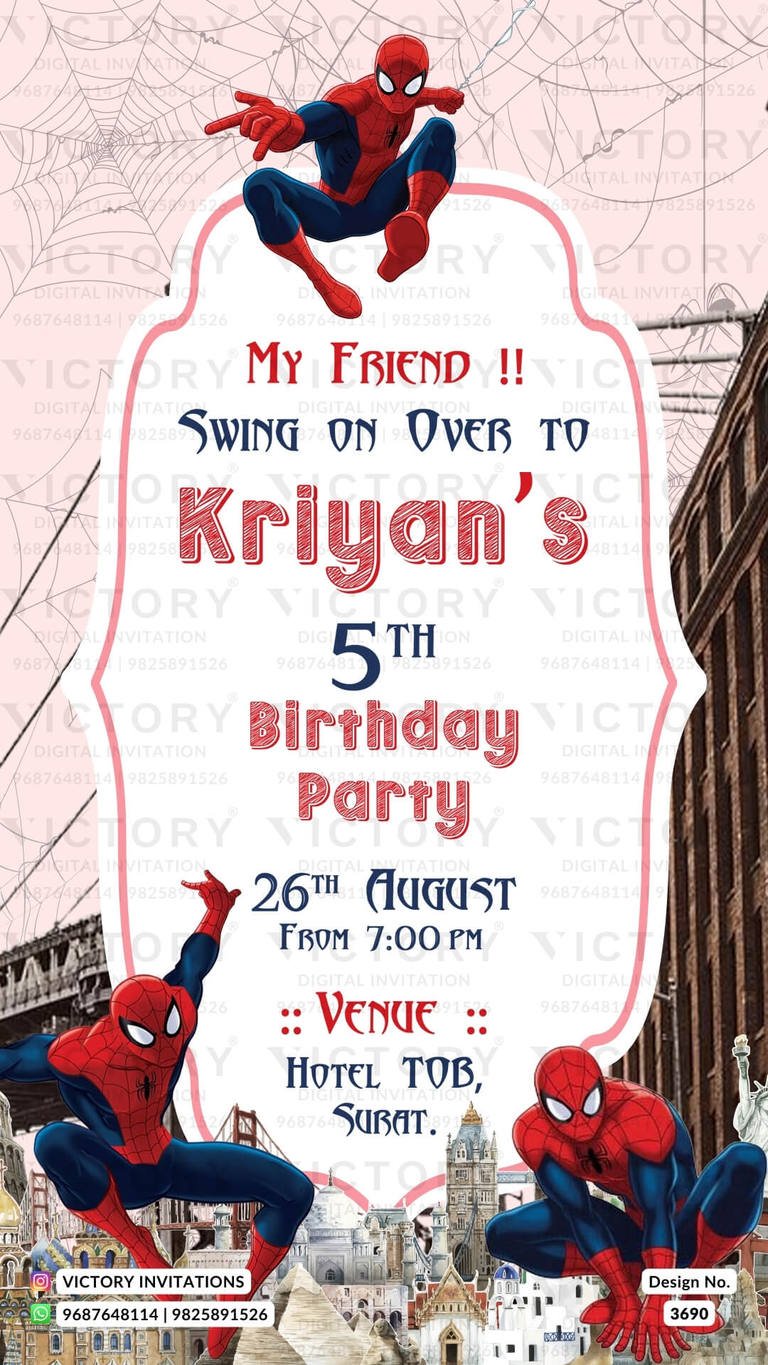 Birthday party invitation card for boy in English language with spaider man theme design 3690
