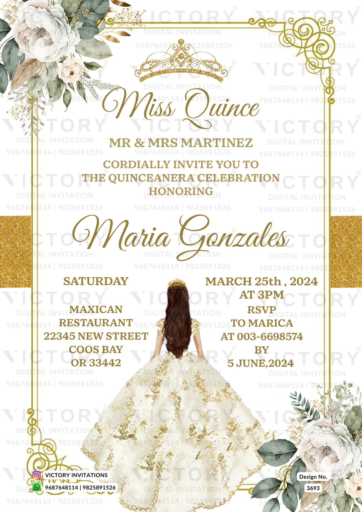 Sweet 16 Birthday party invitation card for girl in english language with frame, proncess, flowers as floral theme design 3693