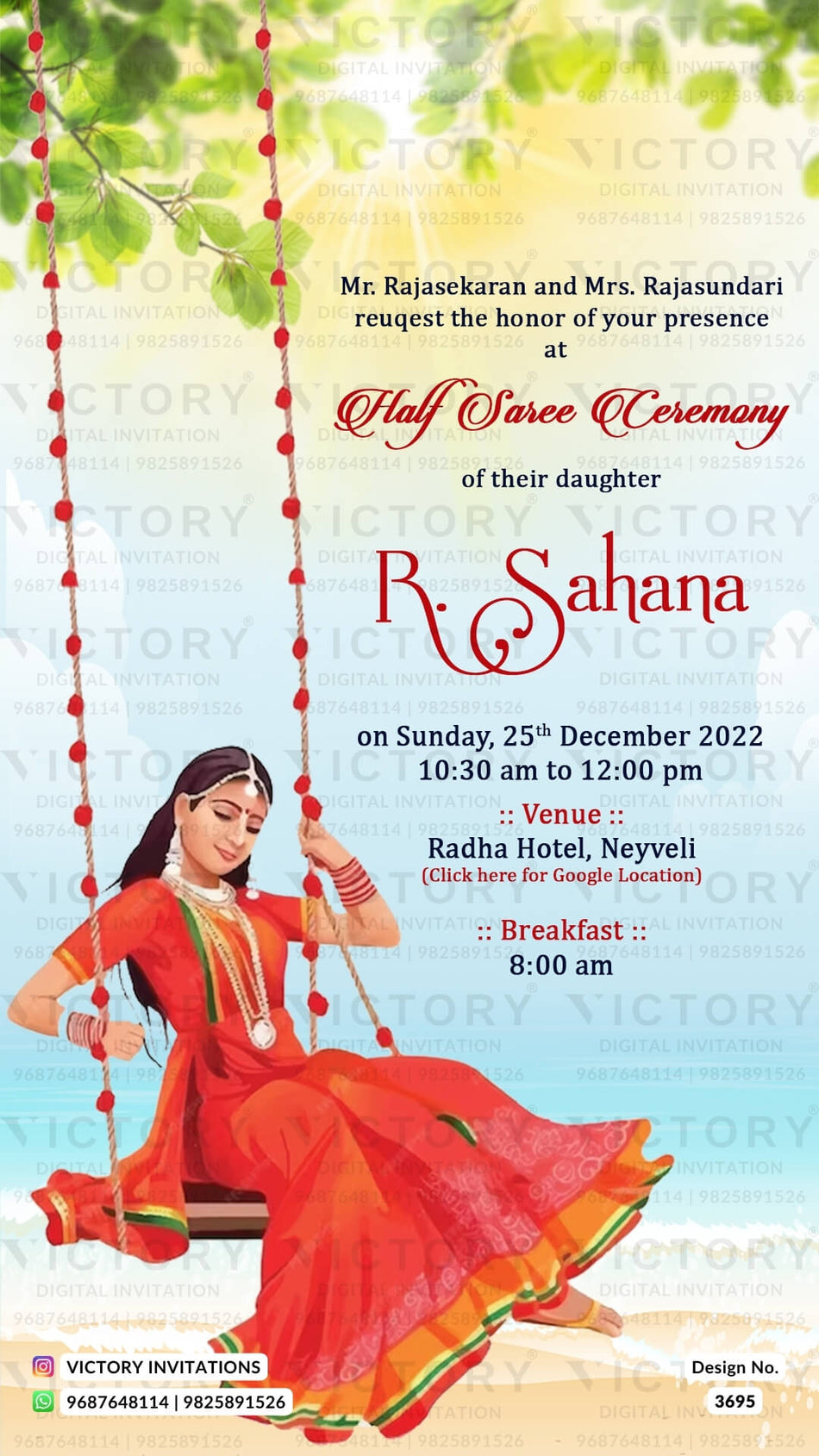 Half Saree ceremony invitation video in english language with beach theme design 3695