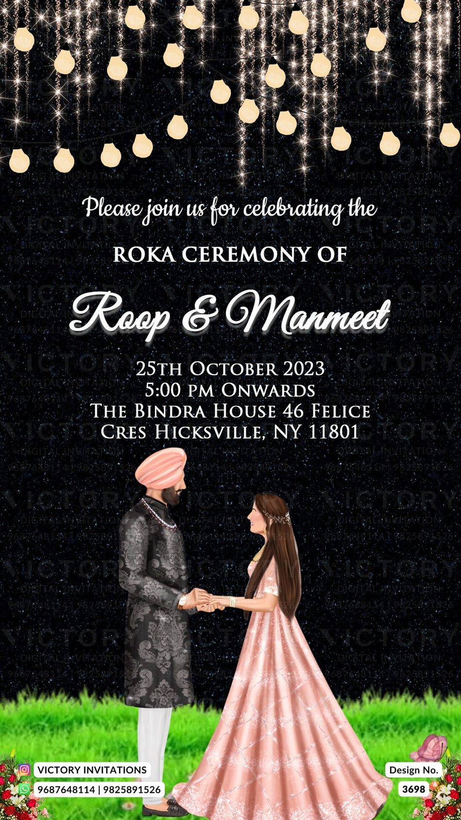Roka ceremony invitation card for Punjabi family in english language with punjabi couple doodle as night view theme design 3698