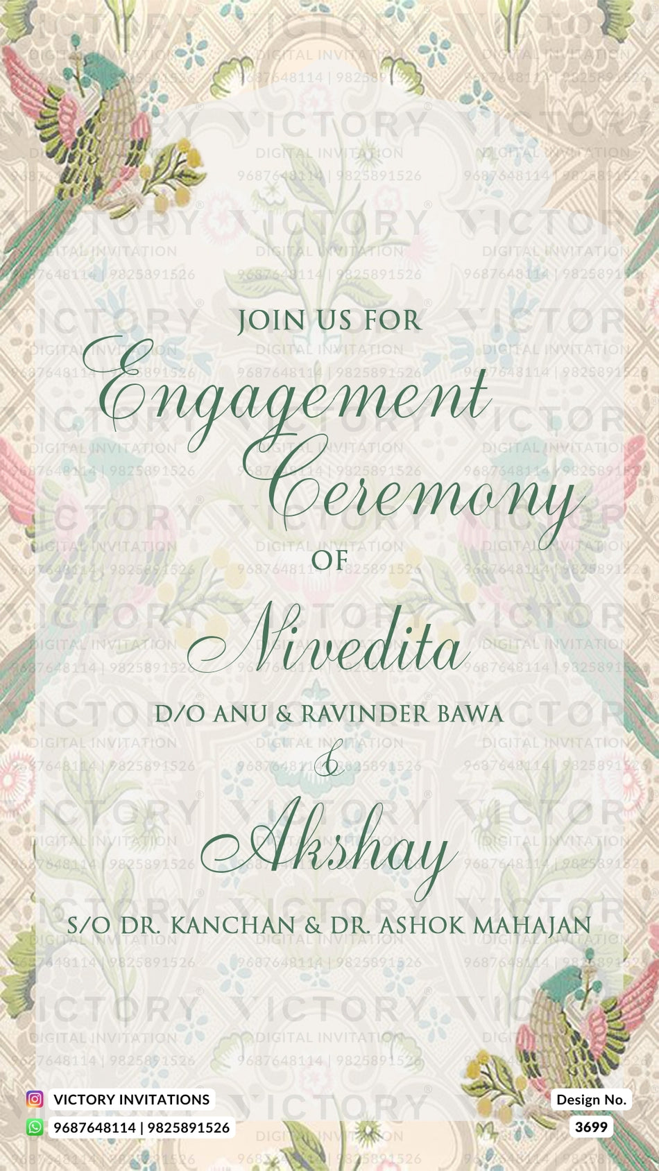 Engagement ceremony invitation card in english language with leaves as vintage theme design 3699
