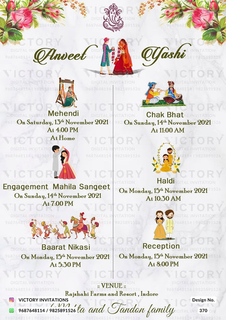 Wedding ceremony invitation card of hindu north indian in english language with Minimalistic theme design 370