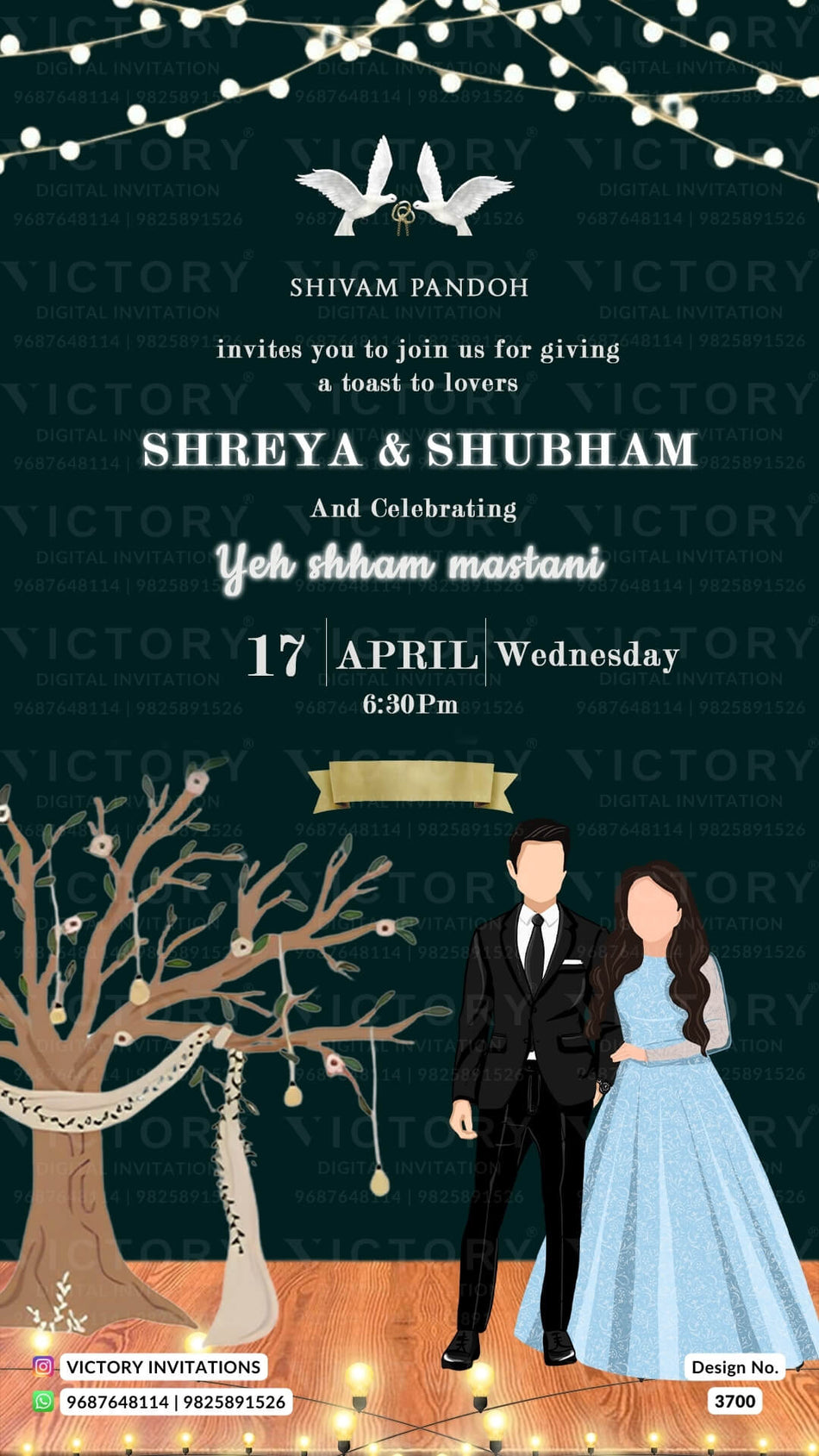 Engagement ceremony invitation video in english language with string light, tree, birds, couple doodle as woodland theme design 3700