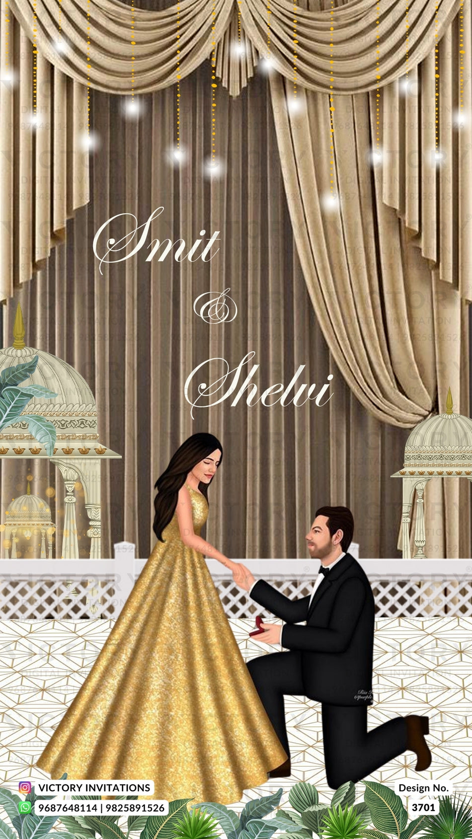 Proposing couple caricature invitation card for Engagement ceremony in english language with temple arch as Royal theme design 3701