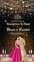 Reception Party invitation card in english language with romantic couple doodle, couple logo as glitter theme design 3702