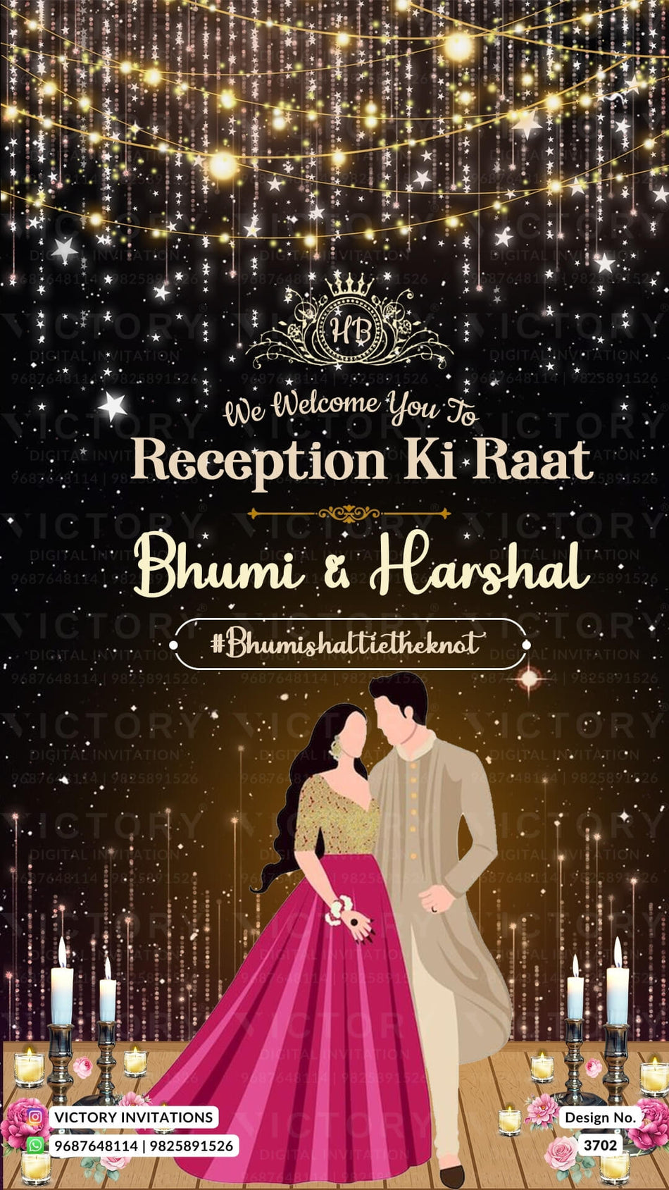 Reception Party invitation card in english language with romantic couple doodle, couple logo as glitter theme design 3702