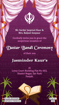 Dastar Bandi Turban ceremony invitation card in english language with book, punjabi logo as curtains theme design 3703
