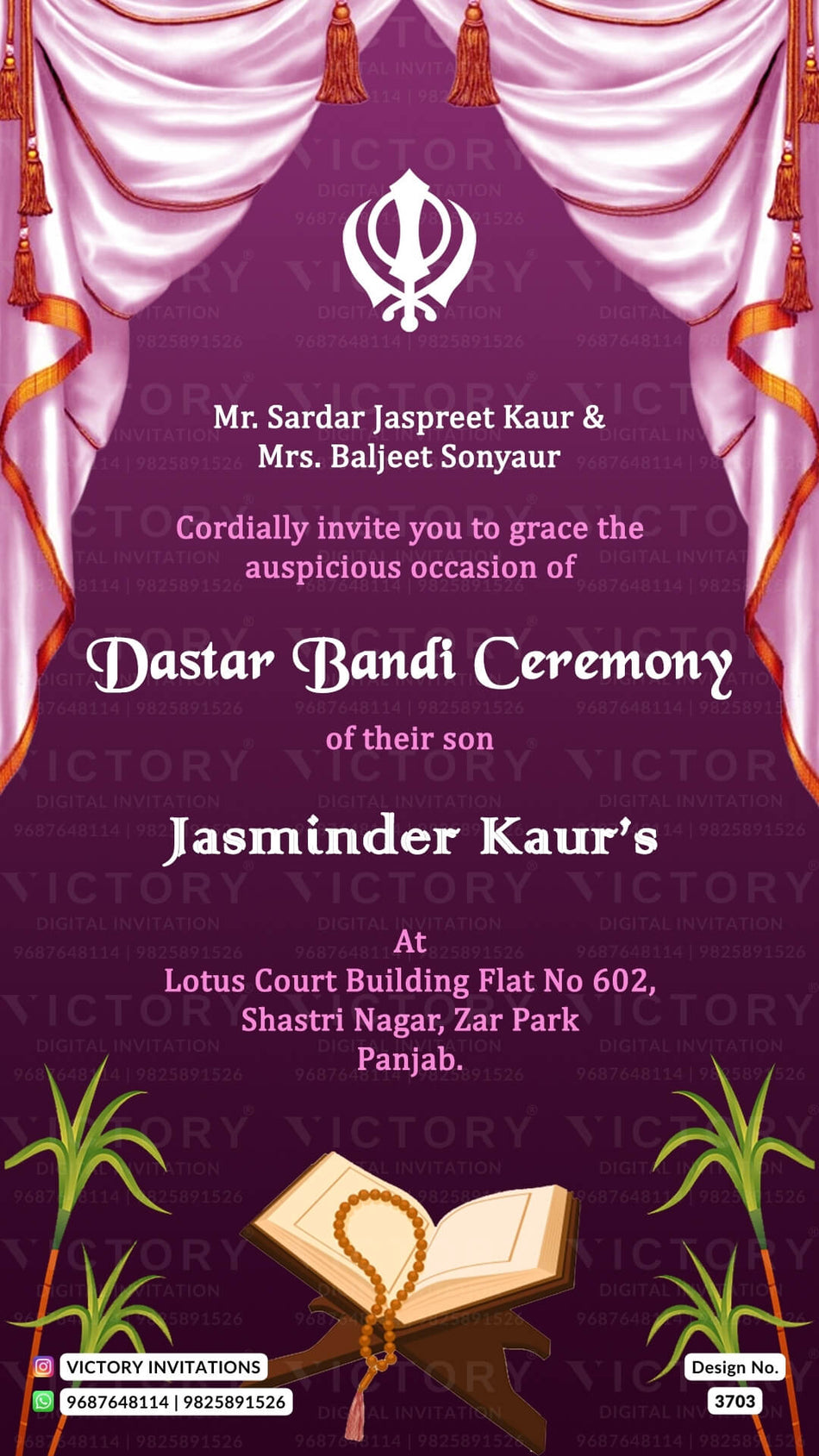 Dastar Bandi Turban ceremony invitation card in english language with book, punjabi logo as curtains theme design 3703