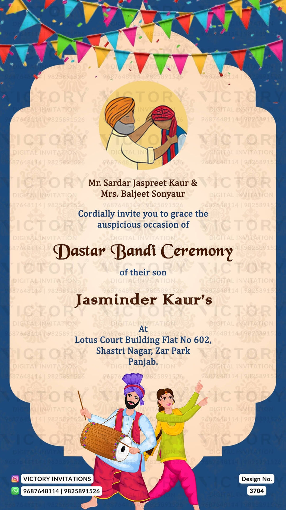 Dastar Bandi Turban ceremony invitation card in english language with punjabi doodle, birthday flag as minimalistic theme design 3704
