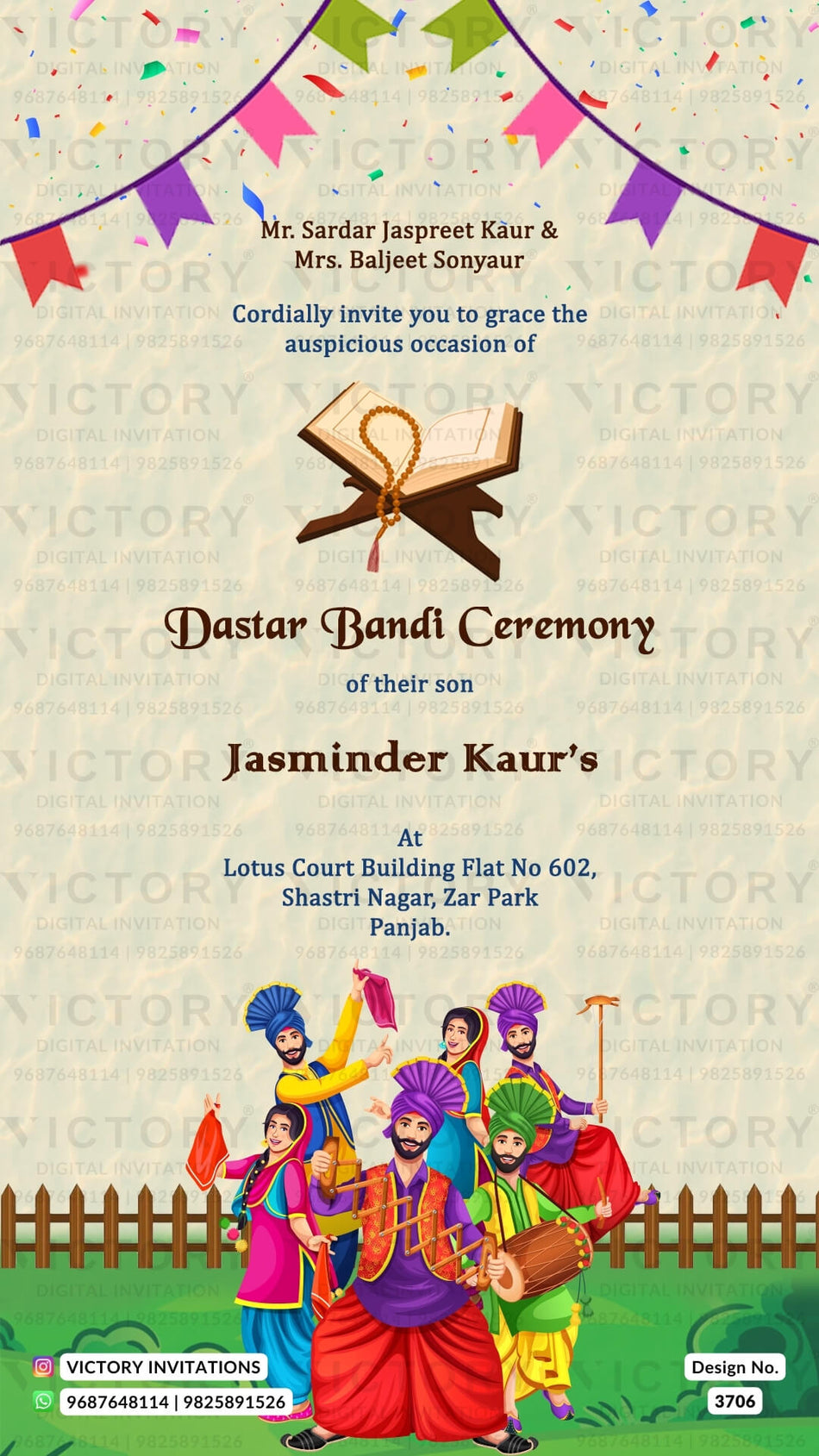 Dastar Bandi Turban ceremony invitation card in english language with birthday flas, book as garden theme design 3706