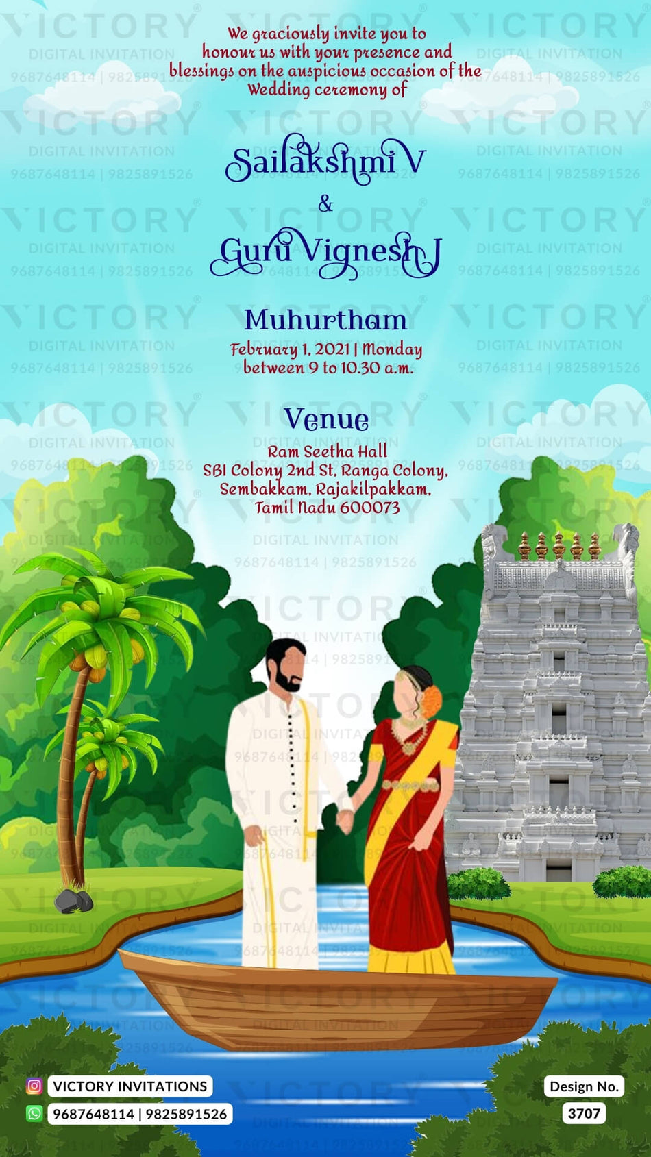 Wedding ceremony invitation video of hindu south indian tamil family in English language with traditional theme design 3707