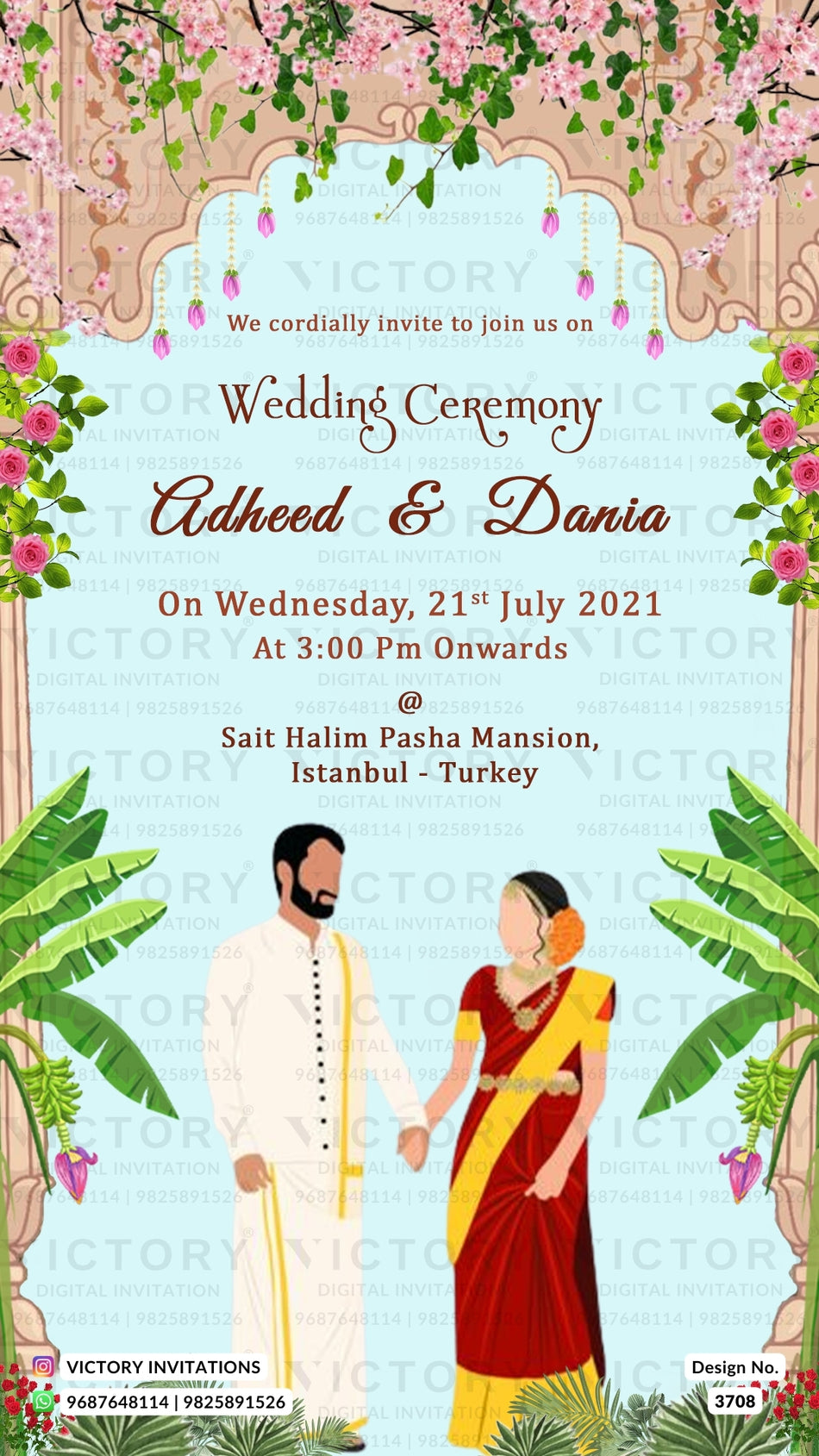 Wedding ceremony invitation video of hindu south indian tamil family in English language with traditional theme design 3708