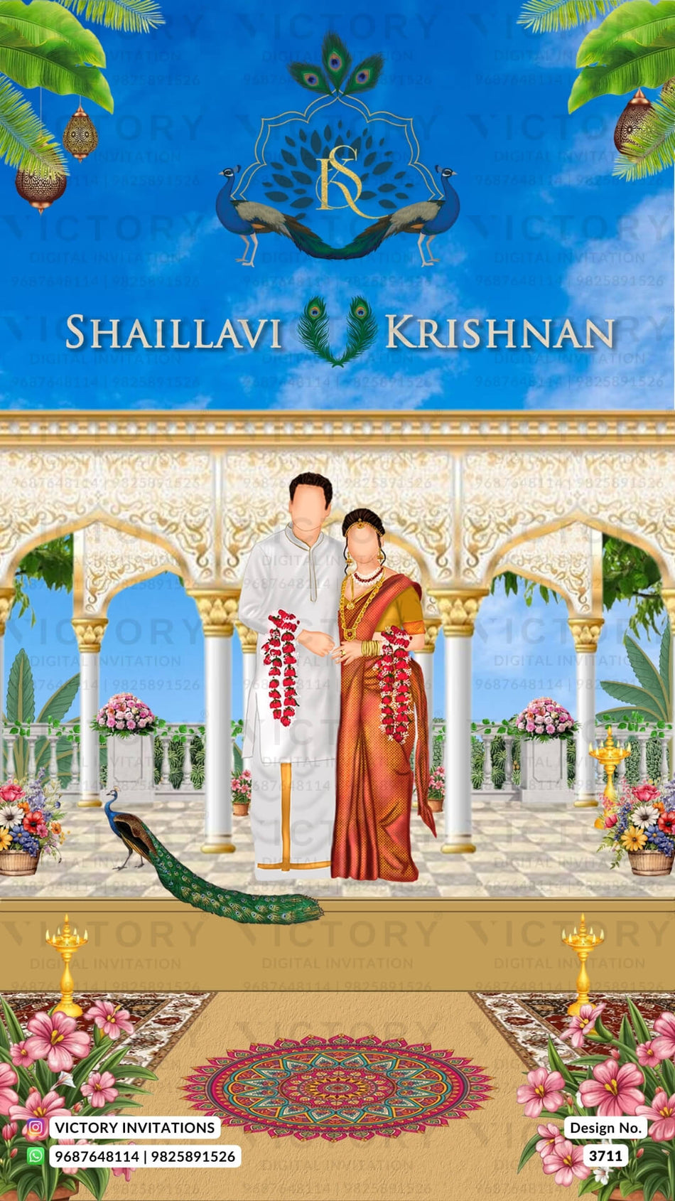 Wedding ceremony invitation card of hindu south indian tamil family in English language with Royal theme design 3711