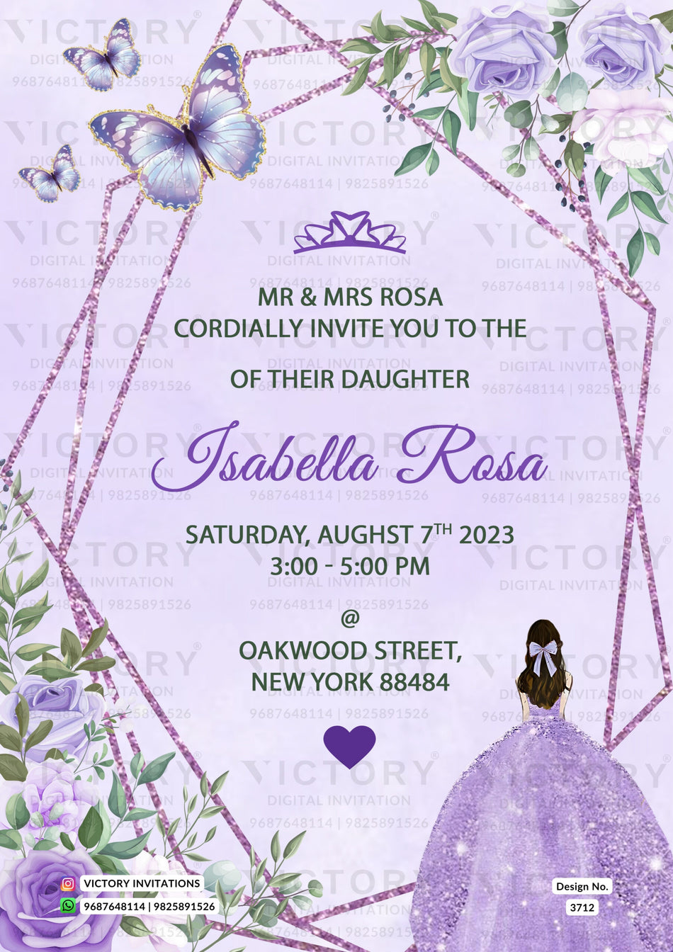 Sweet 16 Birthday party invitation card for girl in english language with butterfly, frame as glittery theme design 3712
