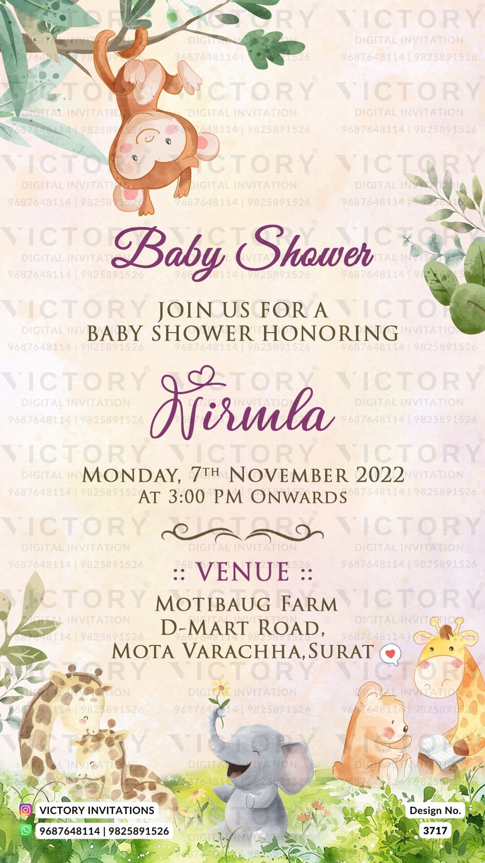 Baby Shower ceremony invitation video in english language with monkey, elephants as forest theme design 3717