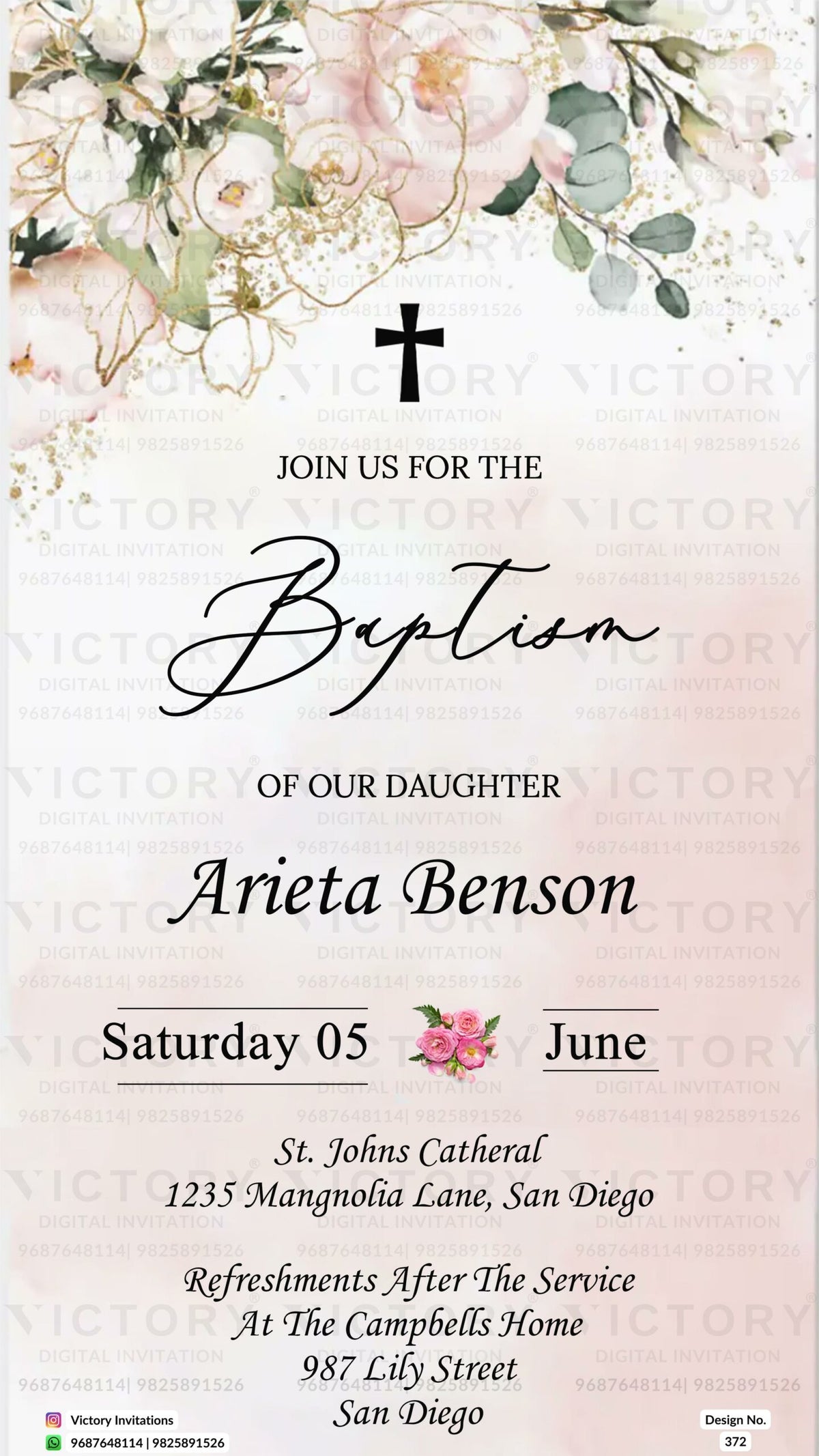 Baptism ceremony invitation card in english language with flowers, christian cross symbol as floral theme design 372