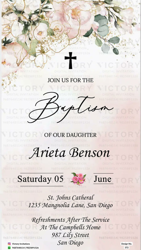 Baptism ceremony invitation card in english language with flowers, christian cross symbol as floral theme design 372