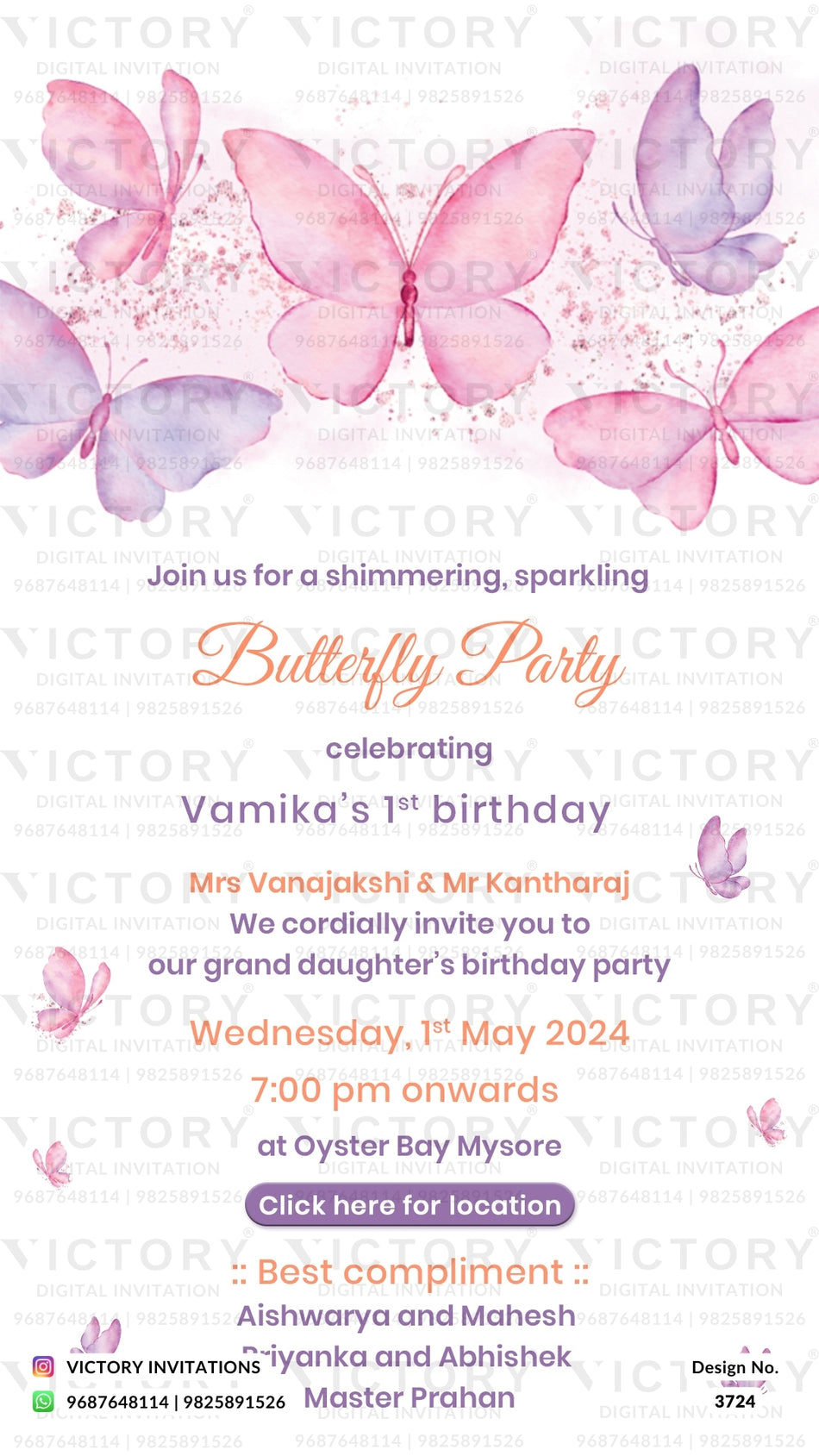 Birthday party invitation card for girl in English language with Butterfly theme design 3724