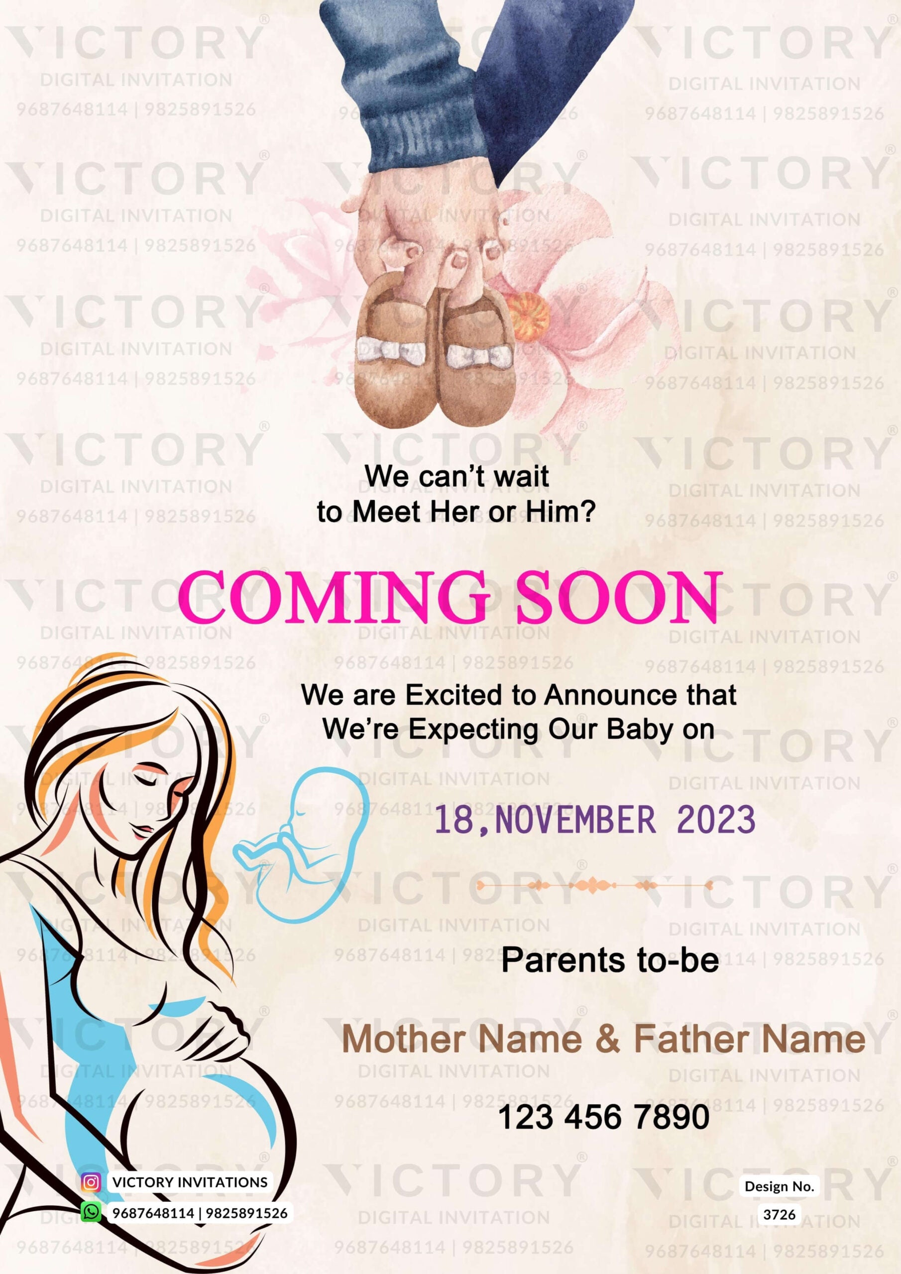 Baby Announcement invitation card in english language with shoes, hand as minimalistic theme design 3726