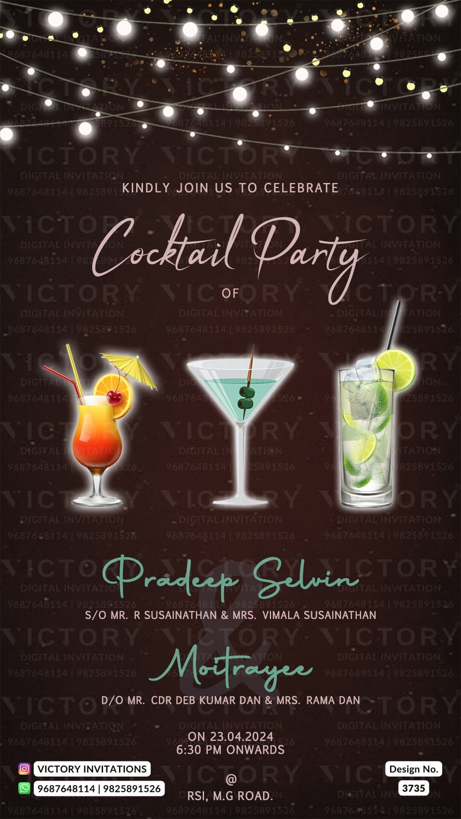 Cocktail Party invitation card in english language with glitter theme design 3735