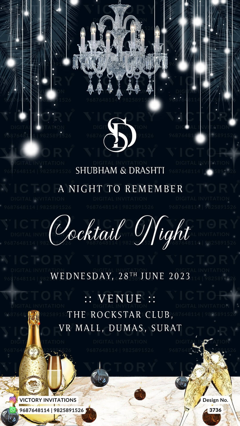 Cocktail Party invitation card in english language with glittery theme design 3736