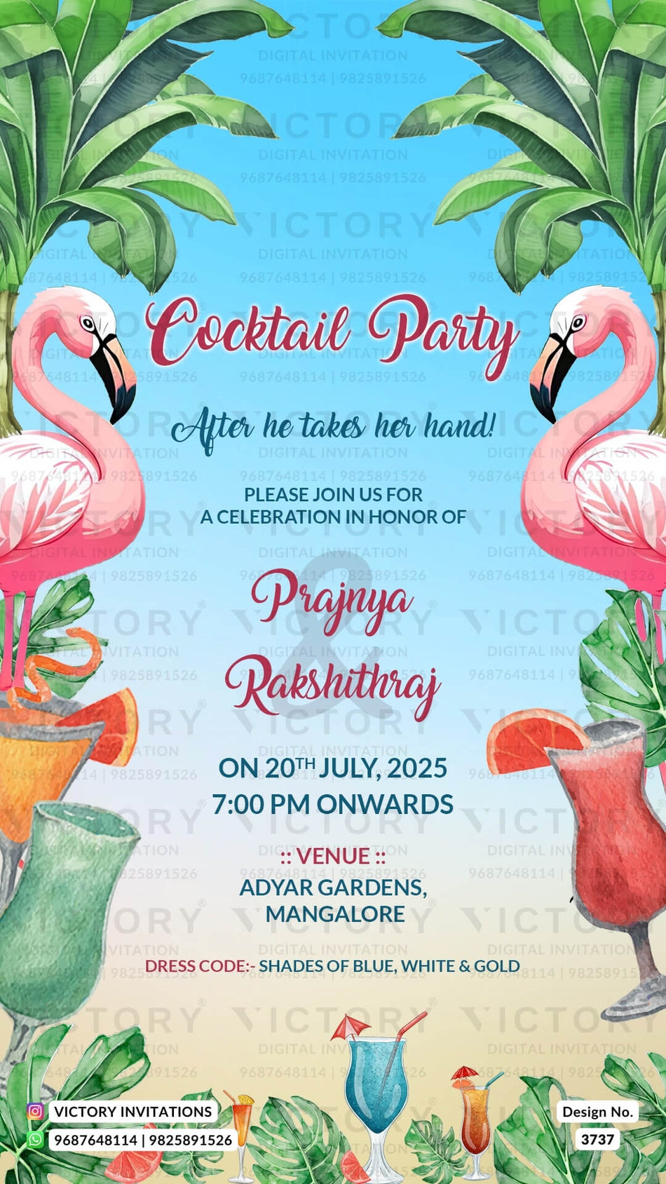 Cocktail Party invitation card in english language with flamingo theme design 3737