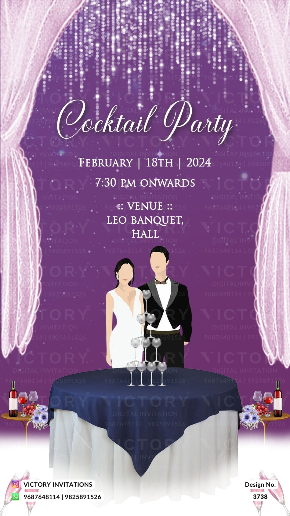 Cocktail Party invitation card in english language with glittery theme design 3738