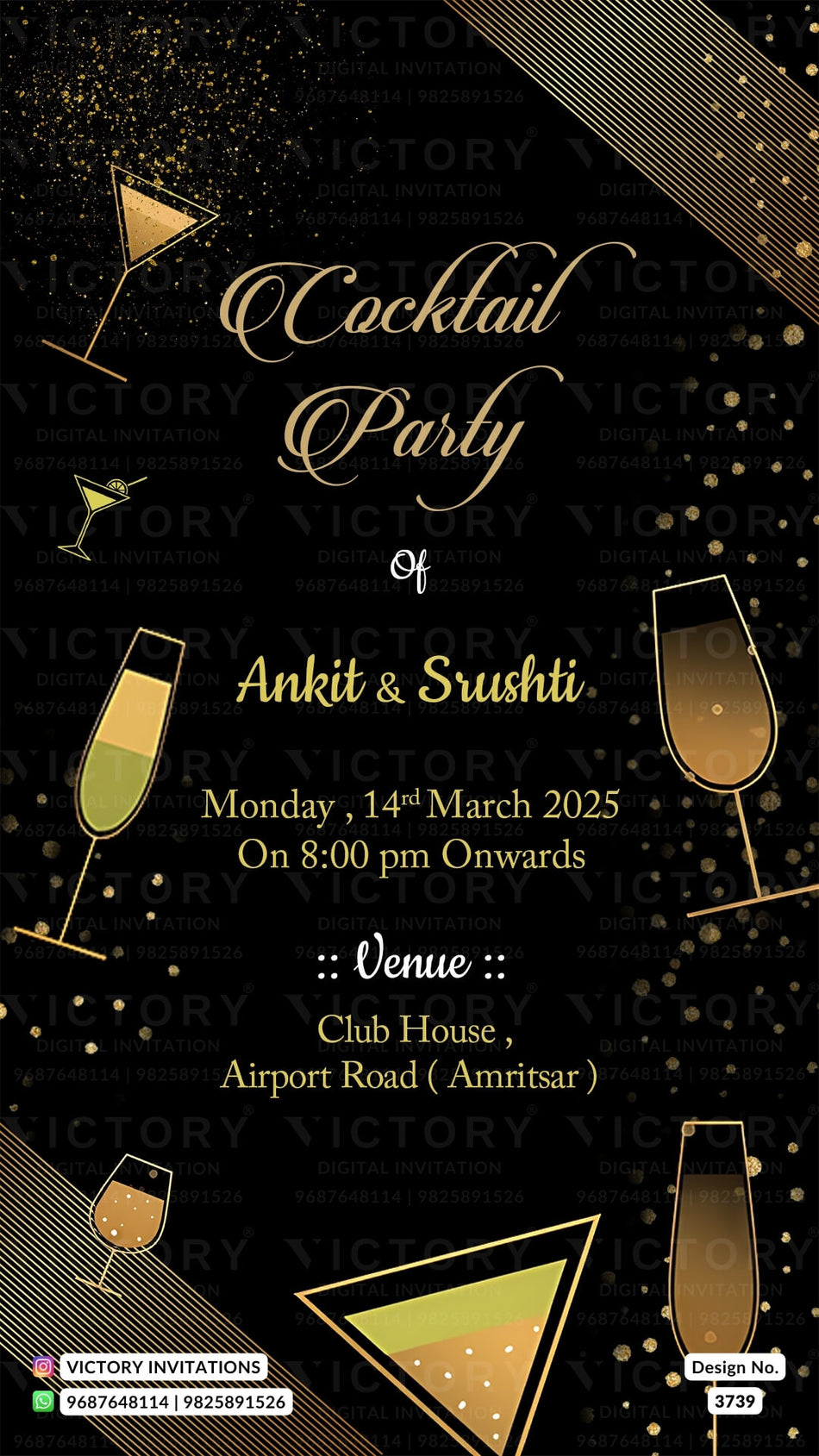 Cocktail Party invitation card in english language with glittery theme design 3739