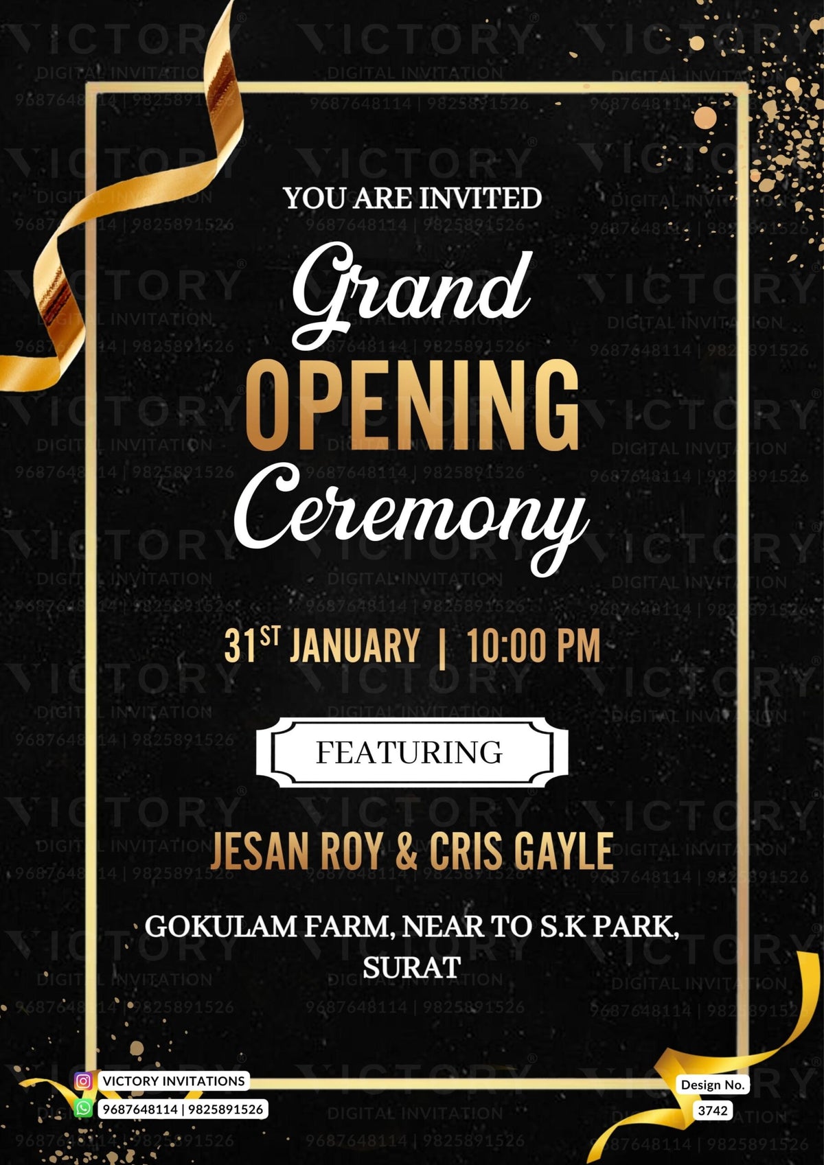Opening invitation card in english language with ribin as glittery theme design 3742