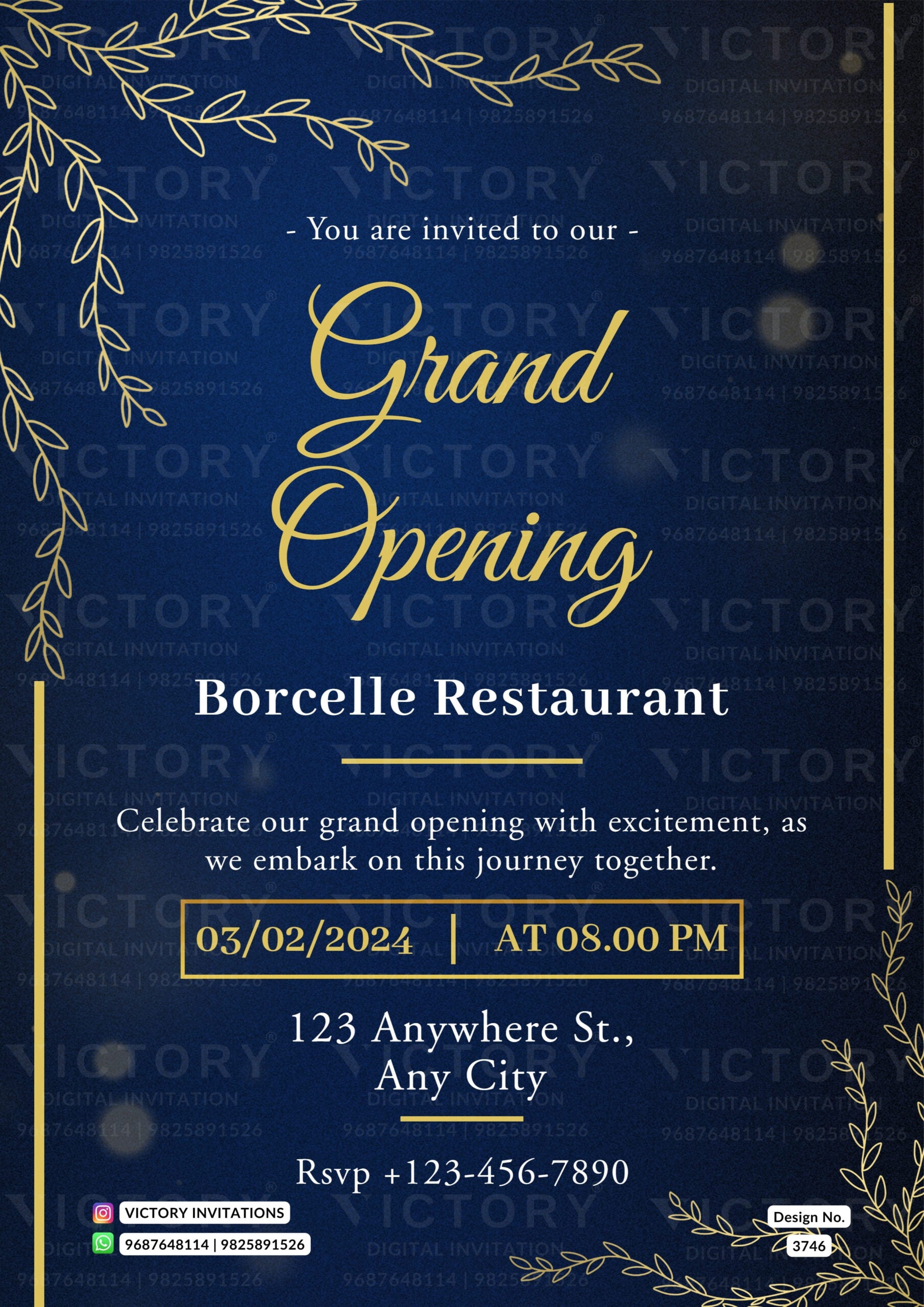 Opening invitation card in english language with golden leaves as minimalistic theme design 3746