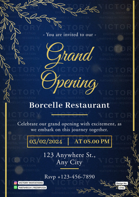 Opening invitation card in english language with golden leaves as minimalistic theme design 3746