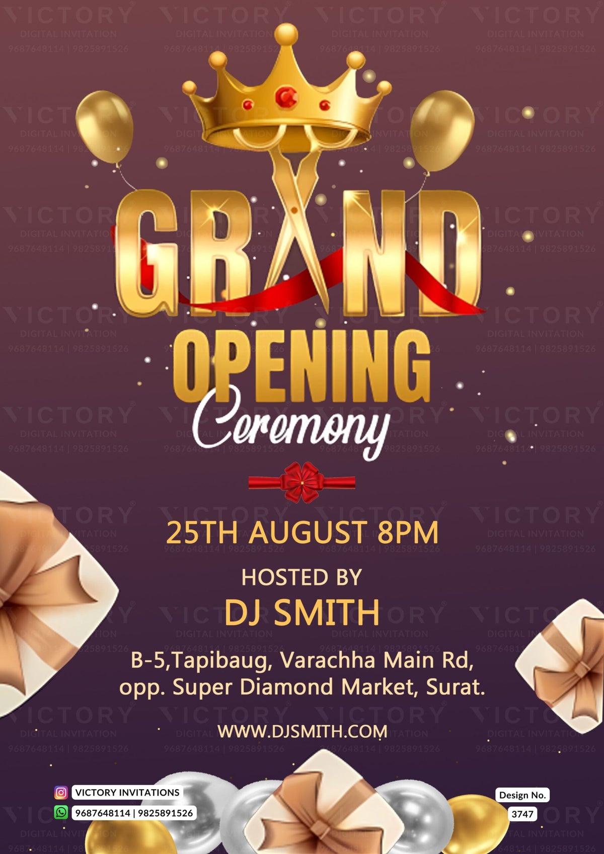 Opening invitation card in english language with gift box, balloon as minimalistic theme design 3747