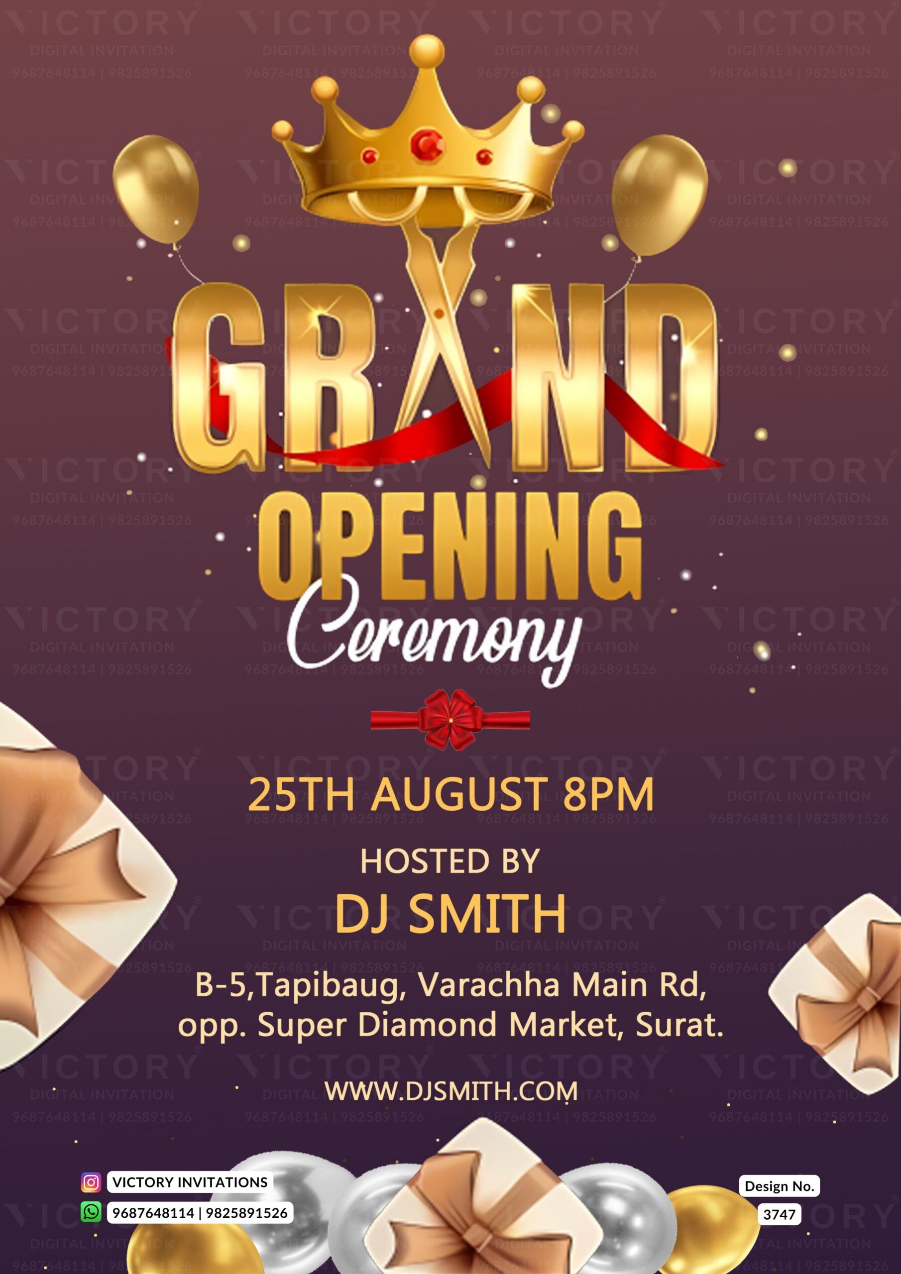 Opening invitation card in english language with gift box, balloon as minimalistic theme design 3747