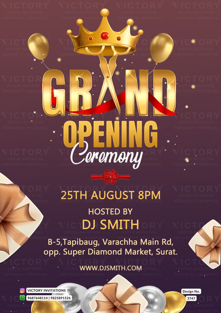 Opening invitation card in english language with gift box, balloon as minimalistic theme design 3747