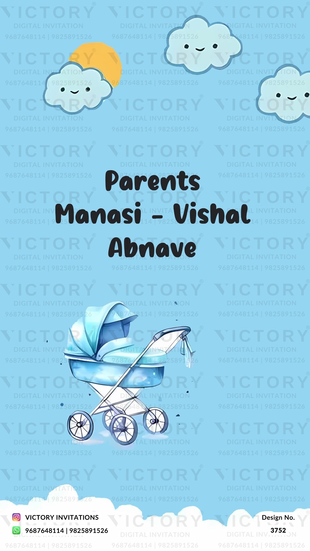 Baby Shower ceremony invitation card in english language with cloud, sun, teddy bear as cartoonish theme design 3752