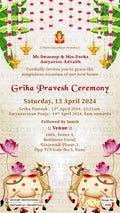 House Warming ceremony invitation card in english language with cows, lotus, diya as traditional theme design 3754